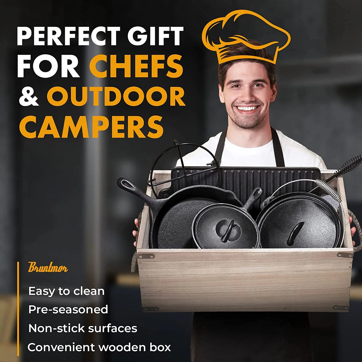 Bruntmor Camping Cooking Set Of 7 - Pre Seasoned Cast Iron Pots, Pans, and Dutch Ovens with Lids for Outdoor Campfire Cooking - Skillet Grill Cookware Set with Storage Box