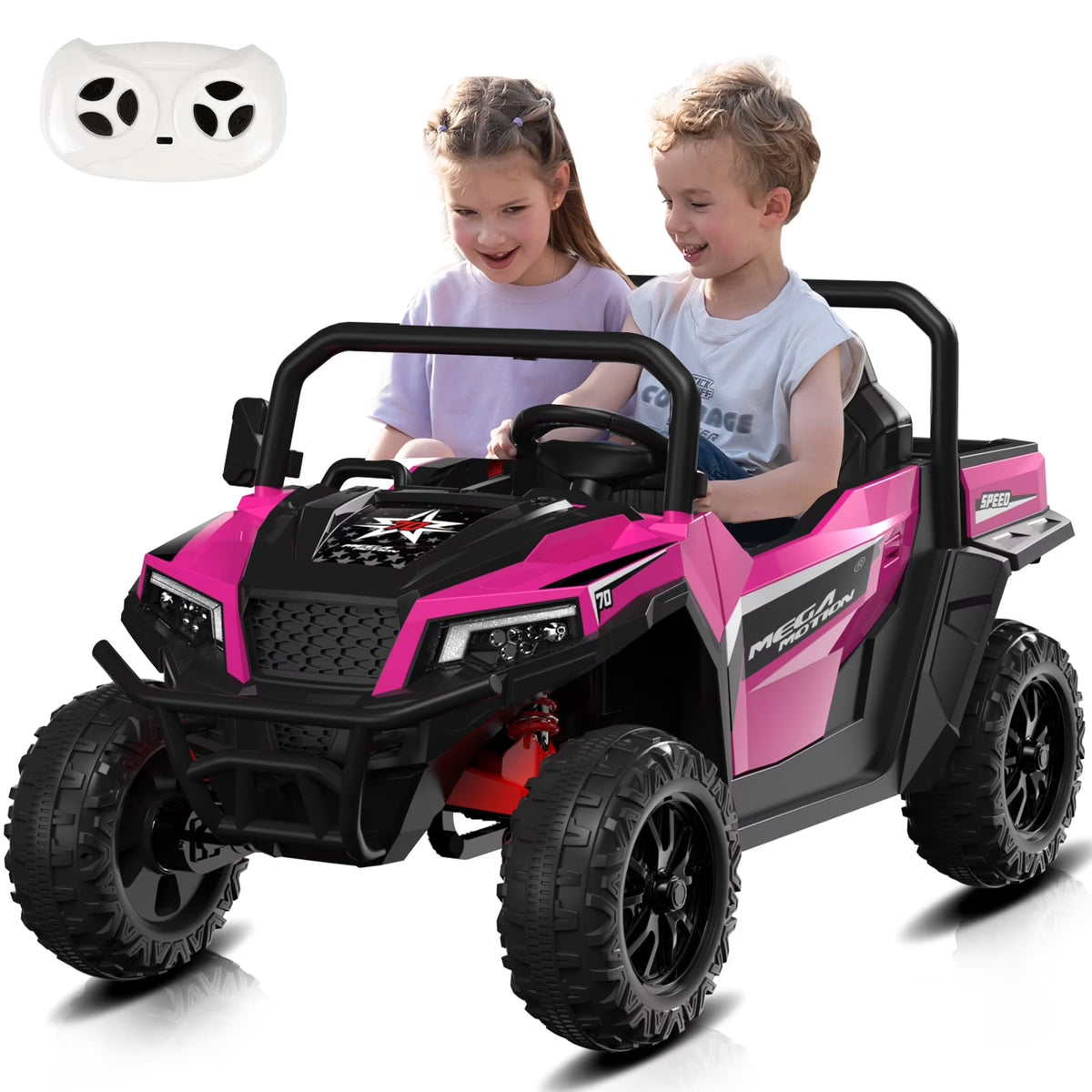 Mega Motion 24V Kids Electric Ride-On UTV Truck with 4WD, Dump Bed, 2 Seats, LED Lights, Music, Remote Control, Shovel, for Boys & Girls