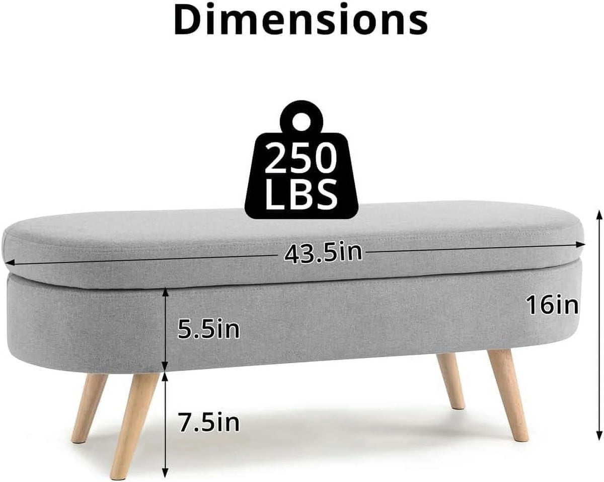 Sumdeal 43.5" Storage Ottoman Bench with 250lb Seating, Linen Upholstered Wood Legs Safety Hinge Flip Top Oval Foot Rest Long Stool for Sofa Couch Bedroom End of Bed Living Room Entryway, White