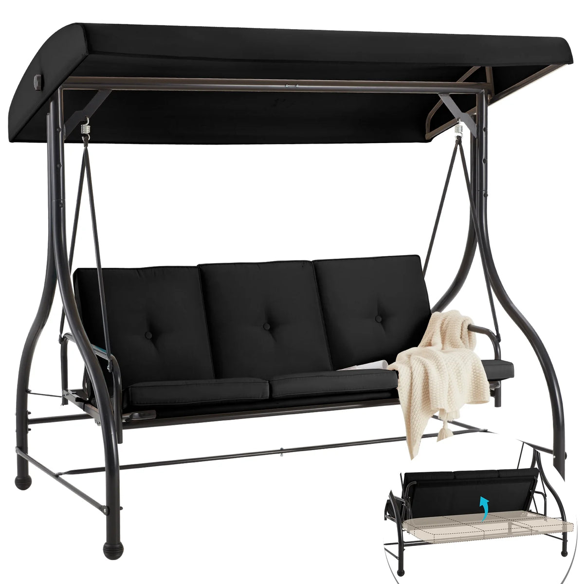 AECOJOY 3 Person Canopy Steel Porch Swing, Converting Swing Glider Hammock-Beige