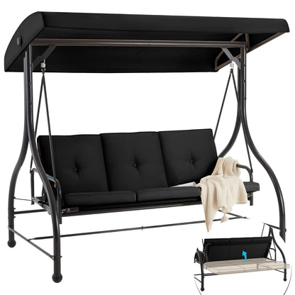 AECOJOY 3 Person Canopy Steel Porch Swing, Converting Swing Glider Hammock-Beige
