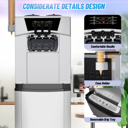 Tookss Commercial 3 Flavors Ice Cream Machine, 5.8 to 8Gal per Hour Soft Serve Ice Cream Maker,with Auto Clean, LCD Display for home Snack Bar Restaurants