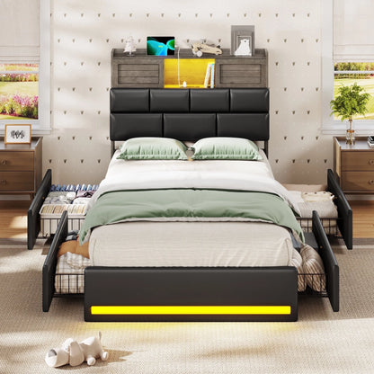 Twin Bed Frame with Bookcase Headboard and Storage, Barn Doors Twin Size Upholstered Beds with 4 Under Bed Storage Drawers & Charging Station & LED Lights, Grey