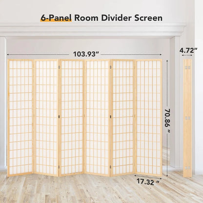 JOSTYLE Room Divider Wall Shoji Screen, 6 Panel Folding Privacy Screen for Room Separation, Japanese Wood Room Divider Screen, 5.9 Ft, Natural