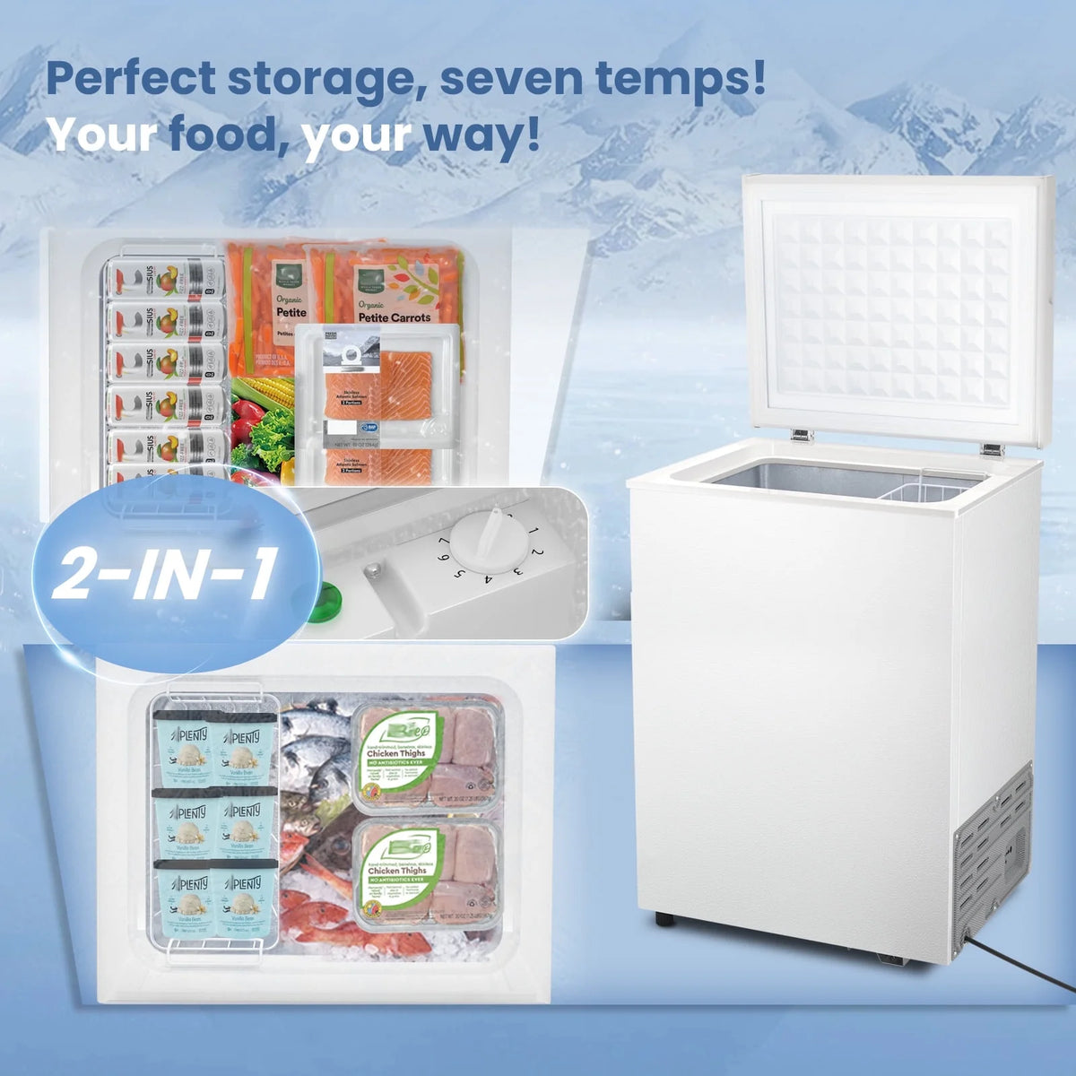 KNDKO 2.8cu.ft Chest Freezer, Freestanding Top Open Door Compact Freezer with Removable Basket, Adjustable 7 Thermostat and Bottom Defrost Water Drain for Apartment/Home, White