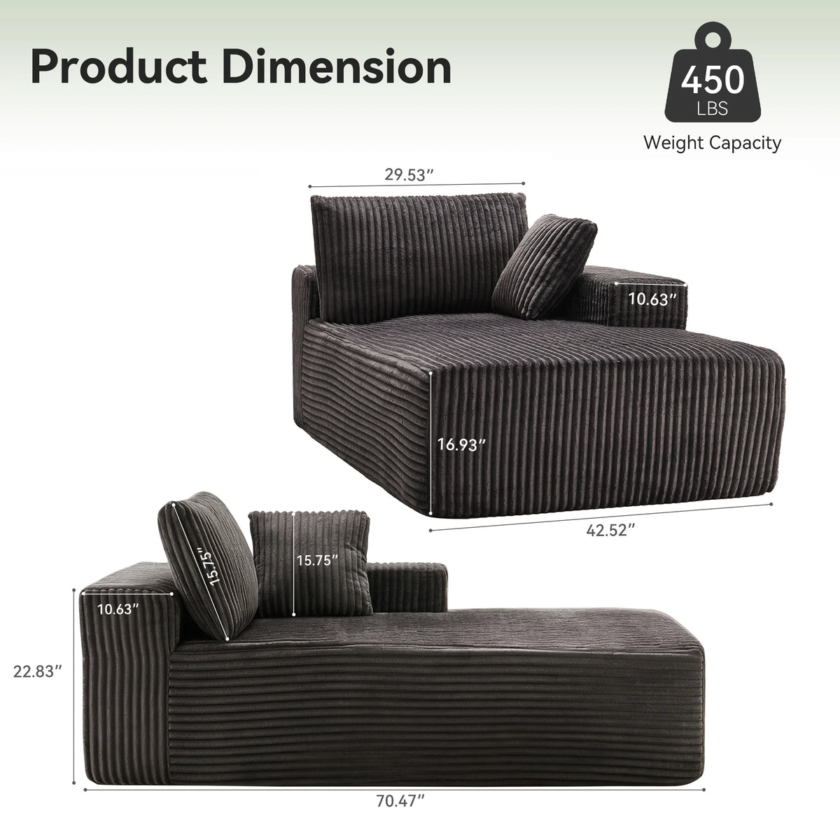 LUMIHO Chaise Lounge Chair Indoor, 42" Sleeper Chair with Two Throw Pillows and Armrests, Corduroy Chaise Couch Chair with Ottoman for Living Room, Bedroom, Apartment, Green