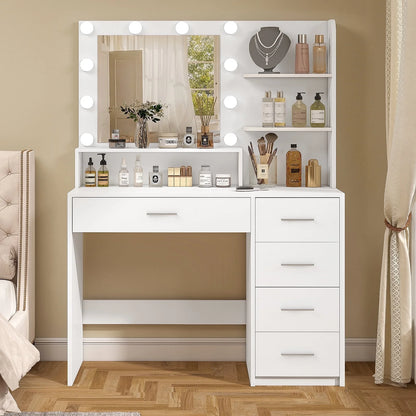 Makeup Vanity Desk with Mirror & Lights, Vanity Table with 5 Drawers & Storage Shelves, Makeup Vanity , 3 Color Modes & Adjustable Brightness Dressing Table, Bedroom, White