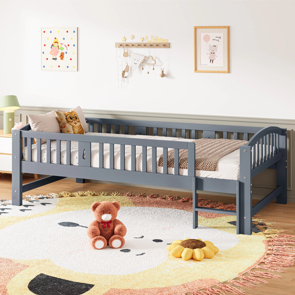 SESSLIFE Twin Size Platform Bed, Solid Wood Twin Bed Frame with Slats, Fence Guardrail Ladder, Twin Floor Bed with Strong Legs for Boys Girls, No Box Spring Needed, Holds 400 lbs, White