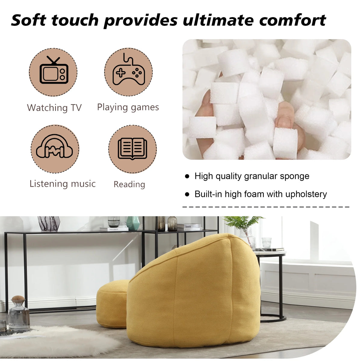 MOONMISS Microfiber Upholstered High Pressure Foam Round Lazy Bean Bag Sofa Chair with Ottoman-Gray