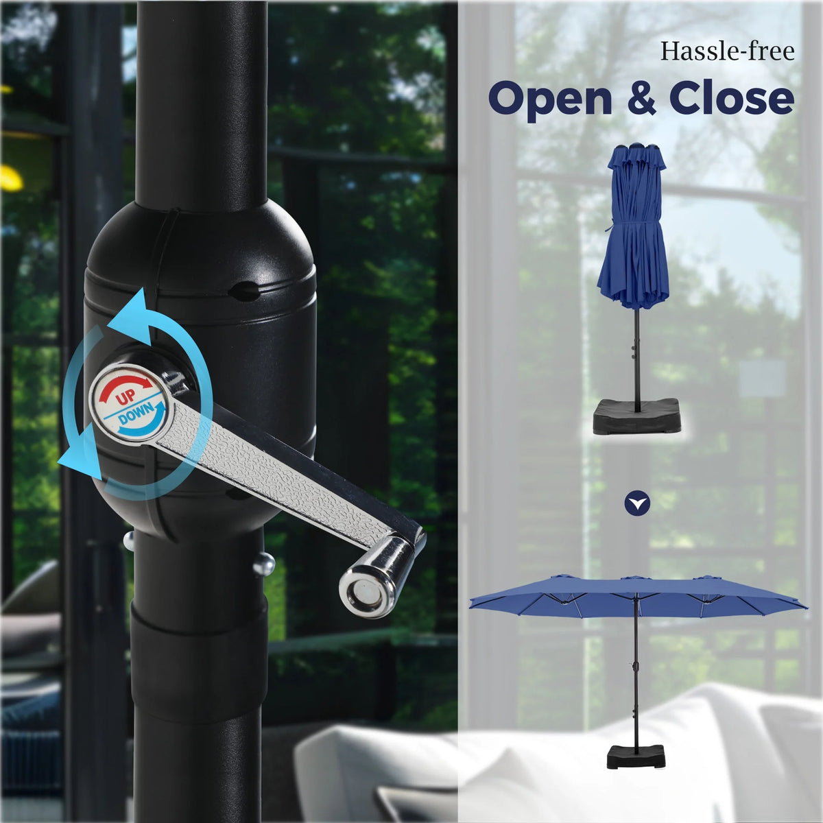 Alpha Joy 15ft Outdoor Patio Umbrella Extra-Large Double-Sided Garden Umbrella with Crank Handle and Base - Smoky Gray
