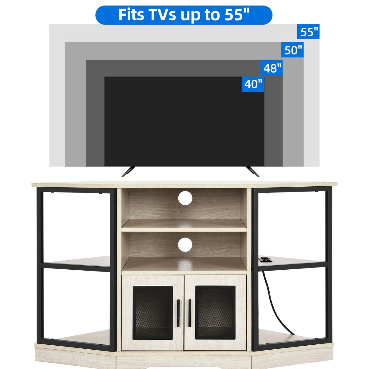 Dextrus Farmhouse Corner TV Stand for TVs up to 55 inch with Power Outlet, Wood Entertainment Center, TV Media Console with Storage, White Oak
