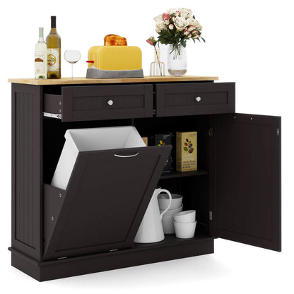 Costway 15.5 Gallon Kitchen Tilt Out Trash Cabinet Rubber Wood Tabletop 2 Drawers Shelf Gray