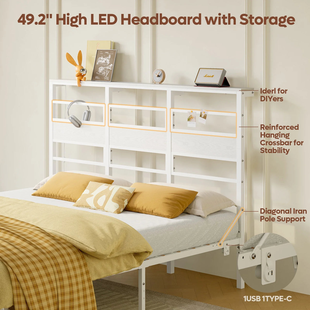Pinmoco LED Queen Bed Frame with 49.2" High Storage Headboard and 4 Drawers, Adjustable Base Height Metal Platform Bed with Charging Station, Rustic
