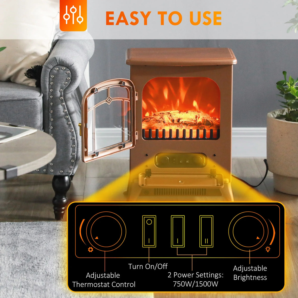HOMCOM Electric Fireplace Heater with Realistic LED Flames Beige