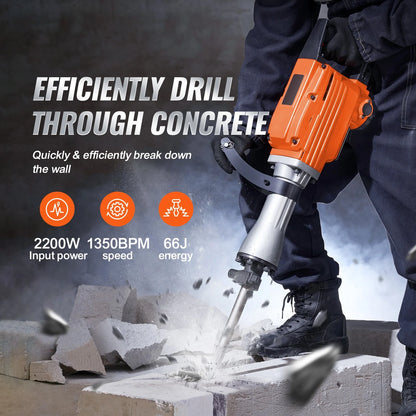 KFFKFF Demolition Jack Hammer, 2200W 1400 BPM Concrete Shattering Drill, Robust Electric Power Drill with 6 Chisel Attachments and Gloves, Front Handle