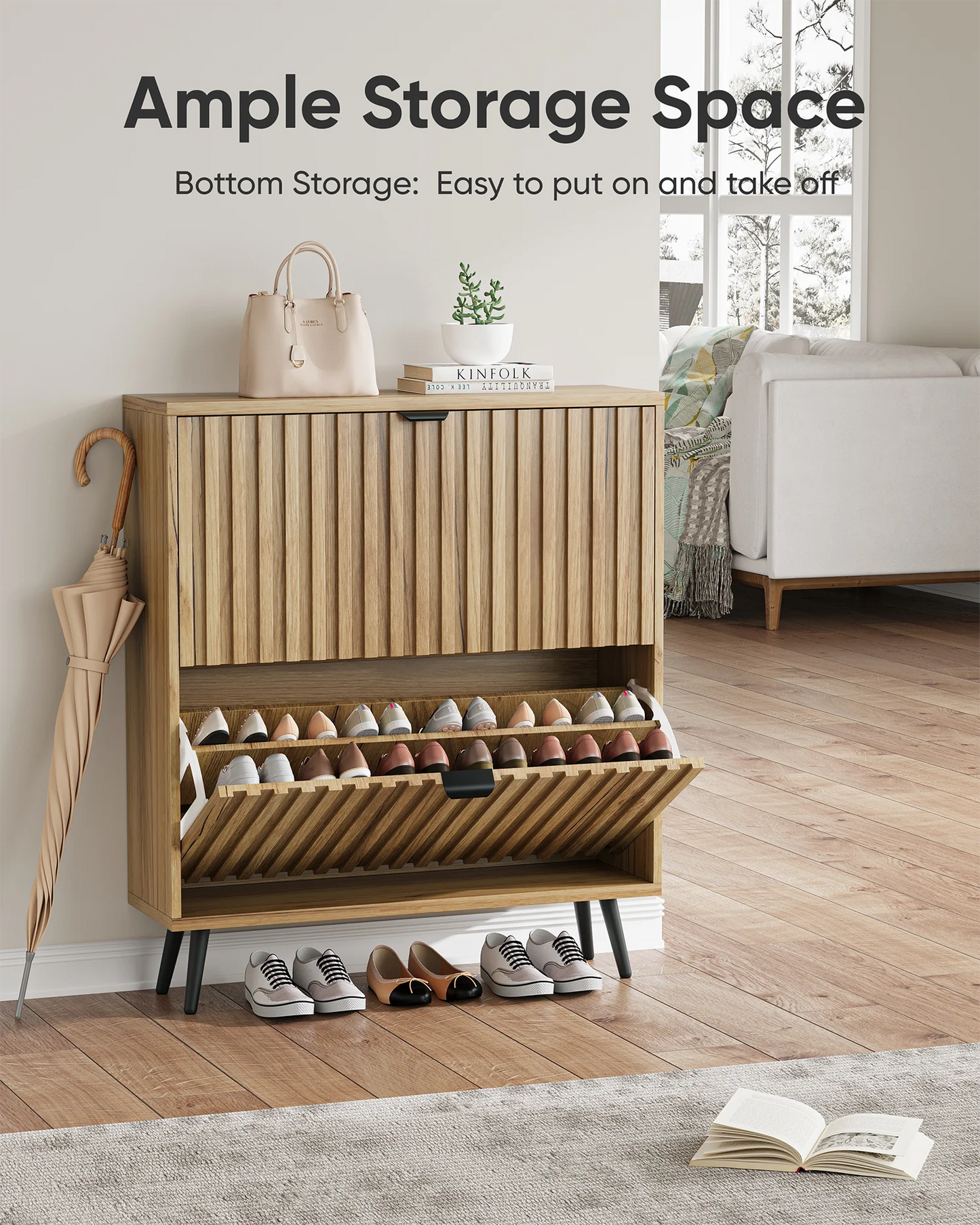 Smart FENDEE Shoe Cabinet with 2 Flip Drawers Freestanding 24 Pair Shoe Storage Cabinet for Entryway