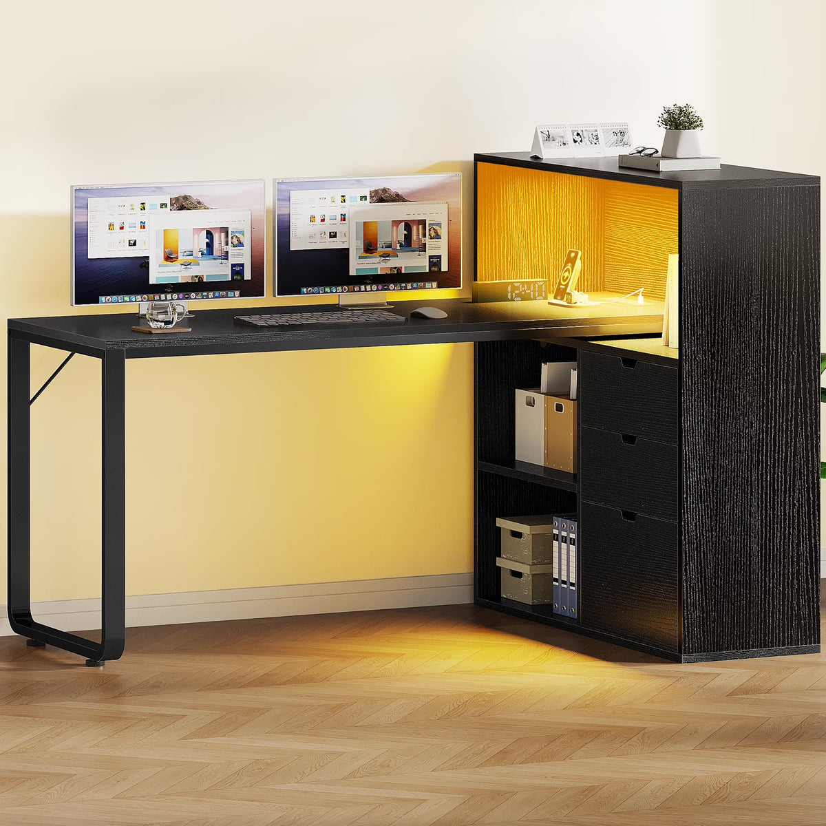 Dextrus L Shaped Desk with Power Outlets & LED Lights, Computer Desk with 3 Drawers and 3 Storage Shelves, White Office Desk Corner Desk for Home Office