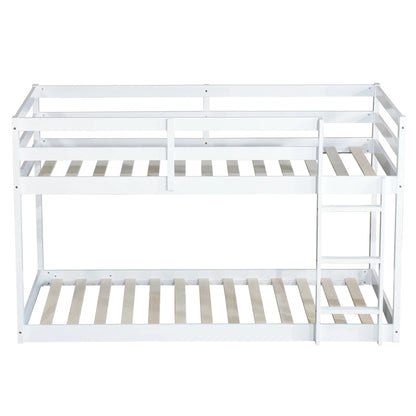 Twin Over Twin Floor Bunk Bed, UHOMEPRO Solid Wood Low Bunk Bed with Safety Rail, Ladder, Heavy Duty Bunk Beds, Space-Saving Bedroom Dorm Furniture, Gray
