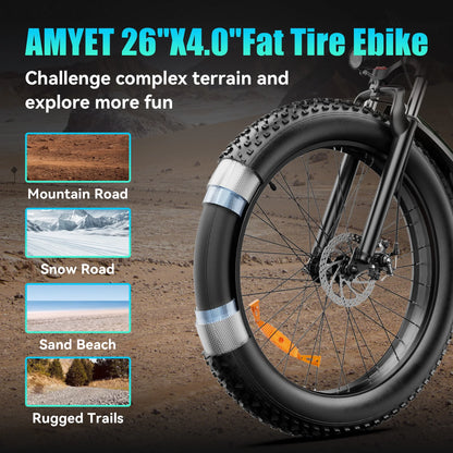 AMYET EB26 Electric Bike for Adults, 26*4.0 Fat Tire E-Mountain Bicycle,Peak 1500W Motor 48V 15Ah 7-Speed Ebike UL2849
