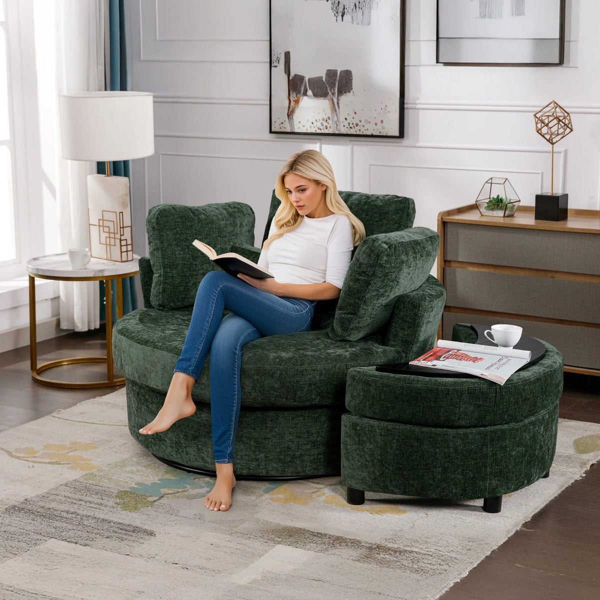 Muumblus Teddy Swivel Accent Barrel Chair, Modern Oversize Sherpa Comfy Round Reading Armchair for Living Room, Ivory