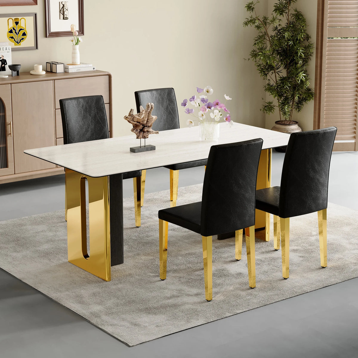 Set of 4 black PU leather backrest chairs with gold metal legs -A perfect pairing, ideal for minimalist and modern home decor styles, with product dimensions of 16.2*18.5*34.6 inches.