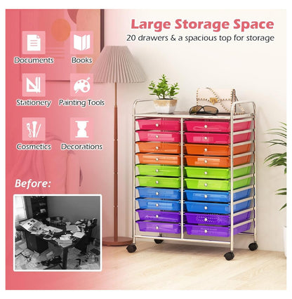 20 Drawers Storage Cart w/Rolling Wheels, Semi-Transparent Mobile Rolling Drawer Cart for School Classroom Office Home Salon, Files Scrapbook Craft Organizer, Utility Cart on Wheels (Clear)