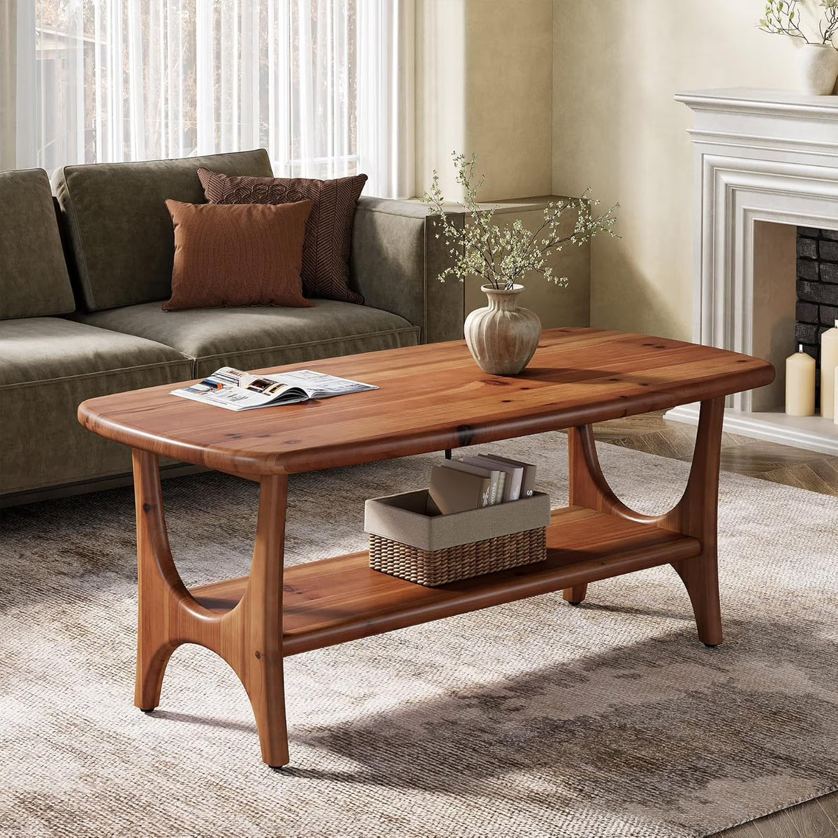 Fimind Solid Wood Coffee Table, 47.24" Mid-Century Modern Rectangle Center Table with 2-Tier Storage Shelf for Living Room, Small Space