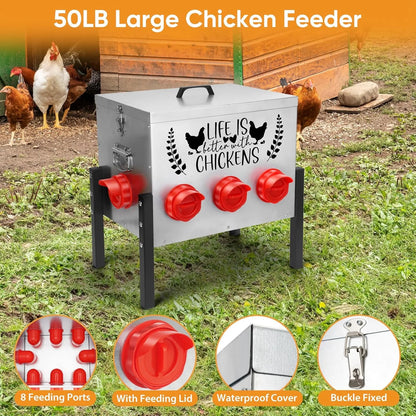 50LB Large Automatic Chicken Feeder �C 8 Feeding Ports, No-Waste Poultry Feeder, with Adjustable Legs & Locking Lid