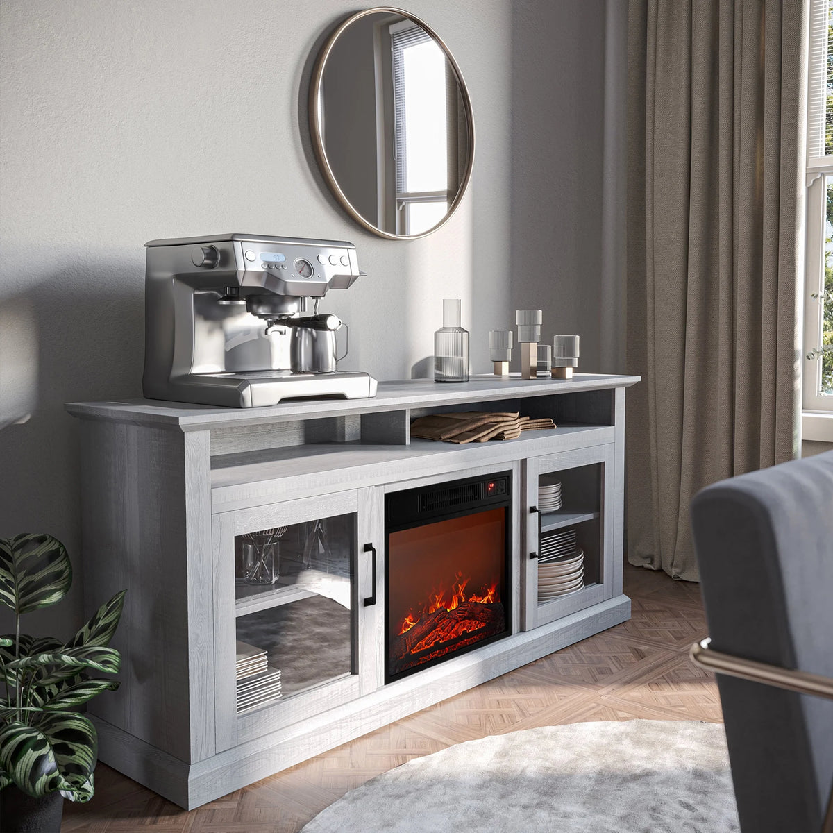BELLEZE 60" TV Stand with 18" Electric Fireplace, Traditional TV Stand for TVs up to 65", Modern Media Entertainment Center Console Table with Open Storage Shelves & Cabinets - Cayman (Rustic Grey)