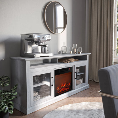 BELLEZE 60" TV Stand with 18" Electric Fireplace, Traditional TV Stand for TVs up to 65", Modern Media Entertainment Center Console Table with Open Storage Shelves & Cabinets - Cayman (Rustic Grey)