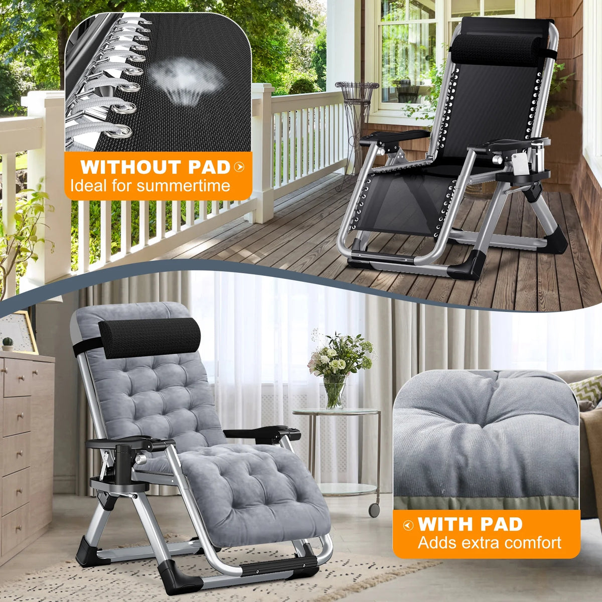 NAIZEA Zero Gravity Chair with Removable Cushion and Cup Holder Black