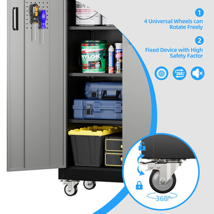 SUPEER Metal Rolling Storage Cabinets with Locking Doors and 5 Adjustable Shelves, Steel Garage Storage Cabinet for Garage, Office, Classroom, Assemble Required(Black)