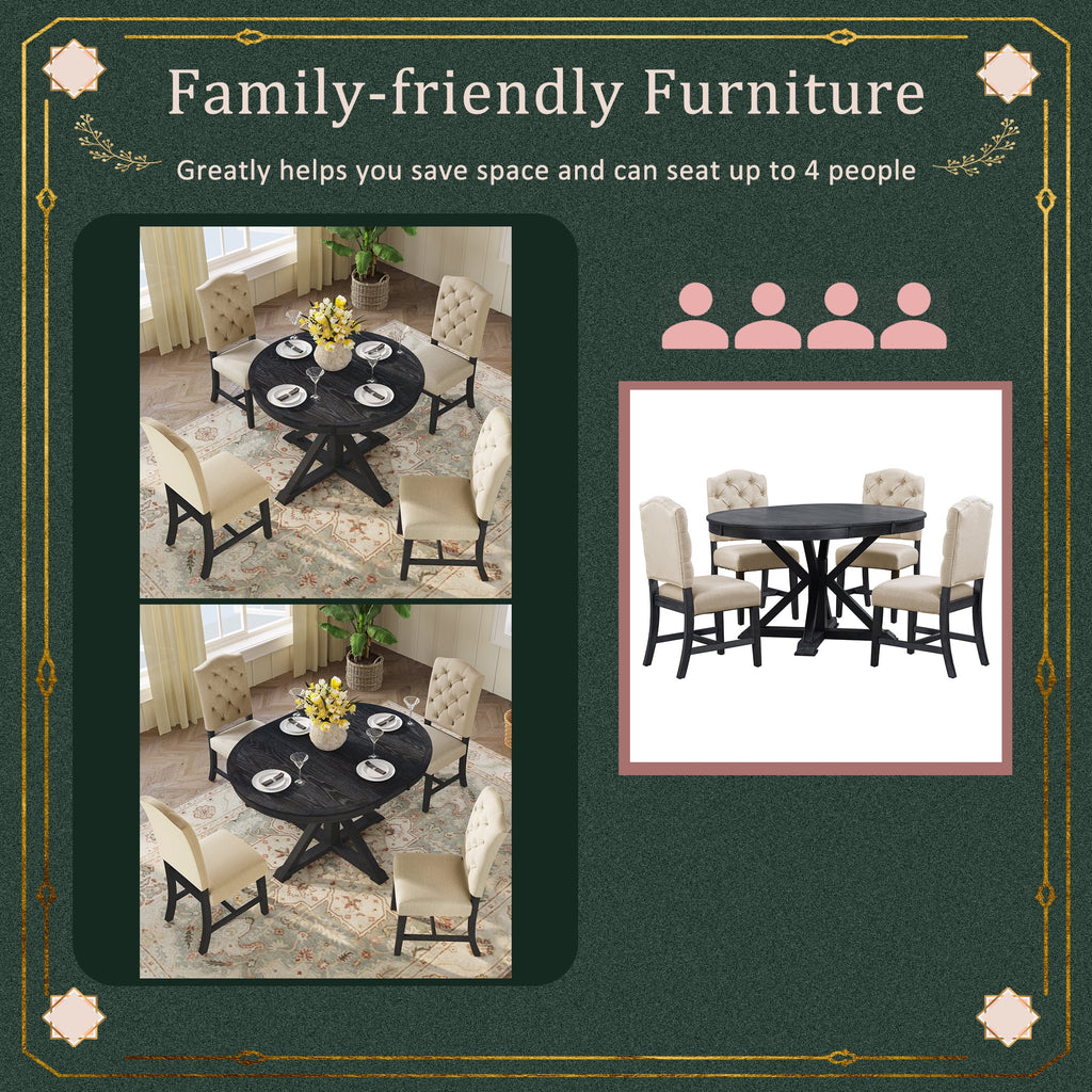 Besthome Farmhouse Extendable Round Kitchen Dining Room Table Set with Upholstered Chairs of 4, 5 Piece Round Dining Table Set with Extendable Table, Espresso
