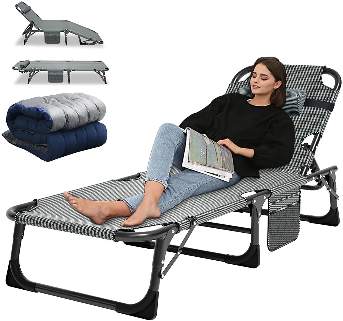 Slsy Folding Lounge Chair, 5-Position Adjustable Outdoor Reclining Chair, Folding Sleeping Bed Cot, Folding Chaise Lounge Chair for Pool Beach Patio Sunbathing