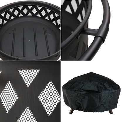 Sunnydaze Outdoor Camping or Backyard Round Crossweave Cut Out Fire Pit with Spark Screen, Log Poker, and Cover - 36"