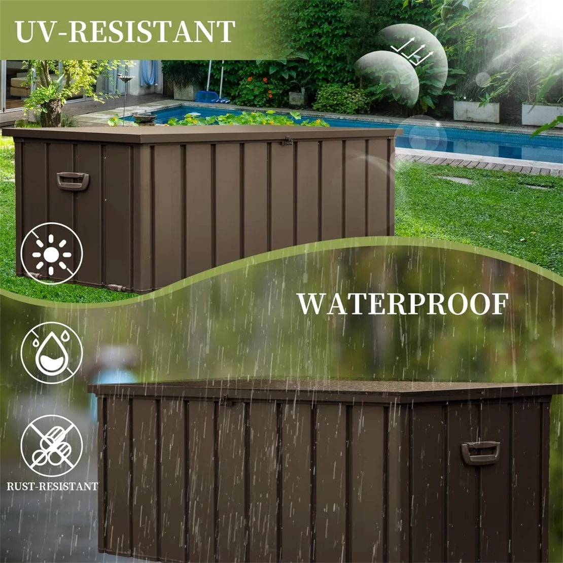 150 Gallon Outdoor Waterproof Storage Deck Box with Portable Side Handles and Moving Roller, Large Patio Storage Lockable for Outside Cushions, Throw Pillows, Garden Tools, Dark Gray