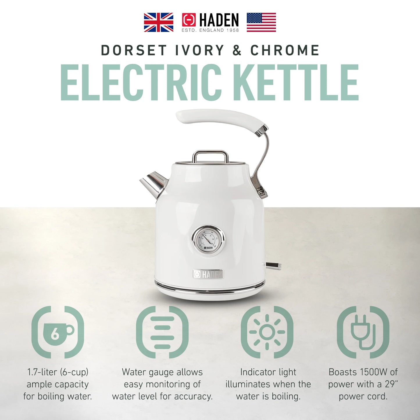 Haden Dorset 1.7 Liter Electric Water Kettle with Base, Putty & Chrome