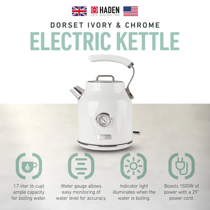 Haden Dorset 1.7 Liter Electric Water Kettle with Base, Putty & Chrome