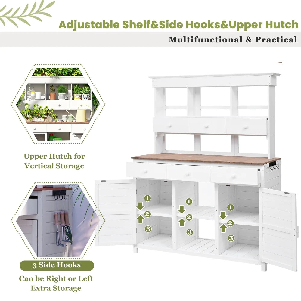Rustic 65.7'' Tall Garden Potting Bench Table with Hutch, 3 Shelves, 6 Drawers, 2 Cabinets & 3 Side Hooks for Mudroom, Patio, 3 Color