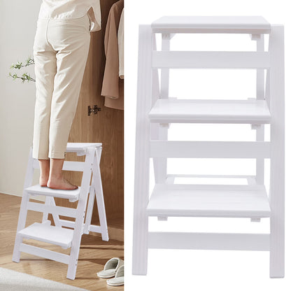 White 3-Tier Step Stool Solid Wood Folding Ladder Anti-Slip Step Stool