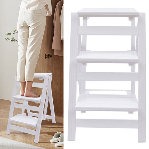 White 3-Tier Step Stool Solid Wood Folding Ladder Anti-Slip Step Stool
