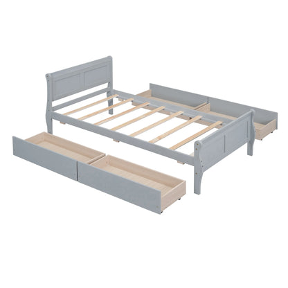 Full Size Wood Platform Bed with 4 Drawers,Storage Bed Frame with Streamlined Headboard and Footboard for Kids, Teens, Boys, Girls,Wooden Slats Support, No Box Spring Needed,Oak