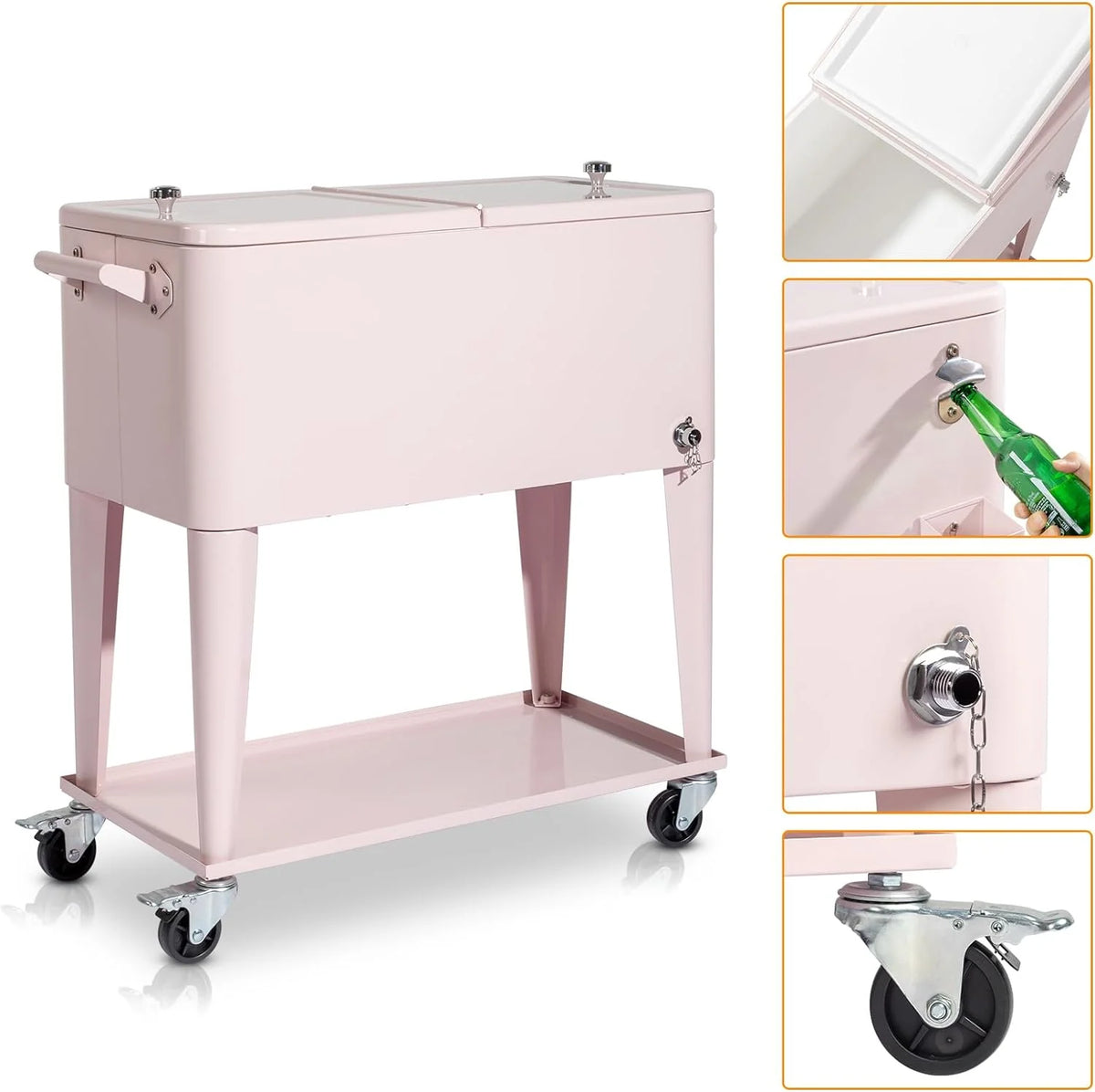 80 Quart Rolling Ice Chest, Portable Bar Drink Cooler with Catch Basin, Bottom Storage Tray and Bottle Opener for Patio Party BBQ Beach Activities