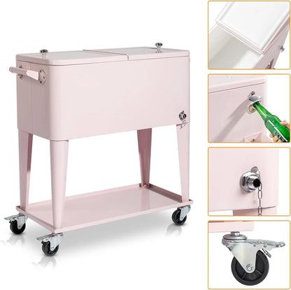 80 Quart Rolling Ice Chest, Portable Bar Drink Cooler with Catch Basin, Bottom Storage Tray and Bottle Opener for Patio Party BBQ Beach Activities