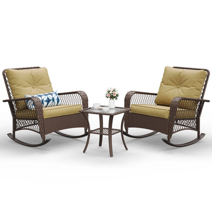 ELPOSUN 3-Piece Outdoor Rocking Chairs, Wicker Patio Furniture with Thickened Cushions and Table for Porch