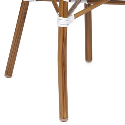Merrick Lane Stacking Thonet French Bistro Style Chair with Arms, Black & White PE Rattan Seat, and Bamboo Finished Metal Frame for Indoor/Outdoor Use