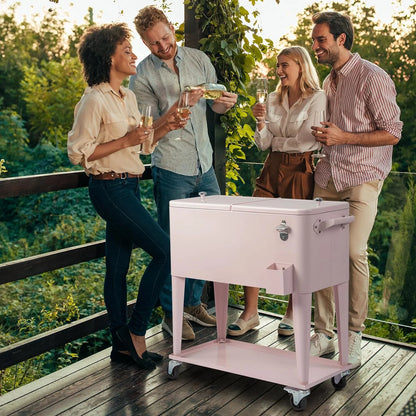 80 Quart Rolling Ice Chest, Portable Bar Drink Cooler with Catch Basin, Bottom Storage Tray and Bottle Opener for Patio Party BBQ Beach Activities