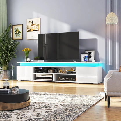 LED TV Stand for up to 85" TVs with Power Outlet, 75" Large Entertainment Center Console Table Gaming Soundbar Shelf with 2 Storage Cabinets
