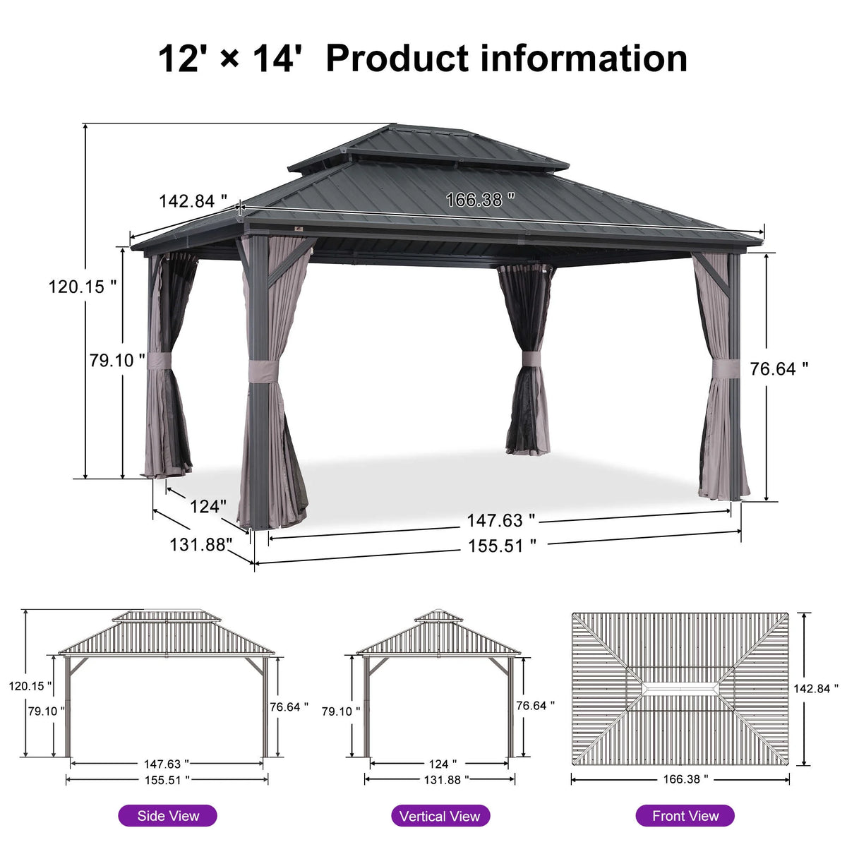 PURPLE LEAF 8' X 8' Gazebo Outdoor Gazebo Permanent Hardtop Gazebo with Galvanized Steel Double Roof for Patio Backyard Deck Aluminum Gazebo with Netting and Curtains Grey