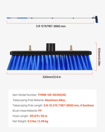 VEVOR Water Fed Pole Kit, 12FT Solar Panel Cleaning Pole with Extendable Handle, 180�� Rotatable Brush Head & 65.6FT Hose, Household & Outdoor Window Cleaner Tool for Caravan Solar Panel Deck